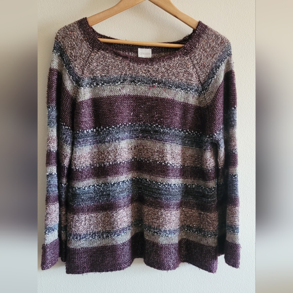 Chico's soft loose knit pullover sweater Women's Large plum, navy, cream